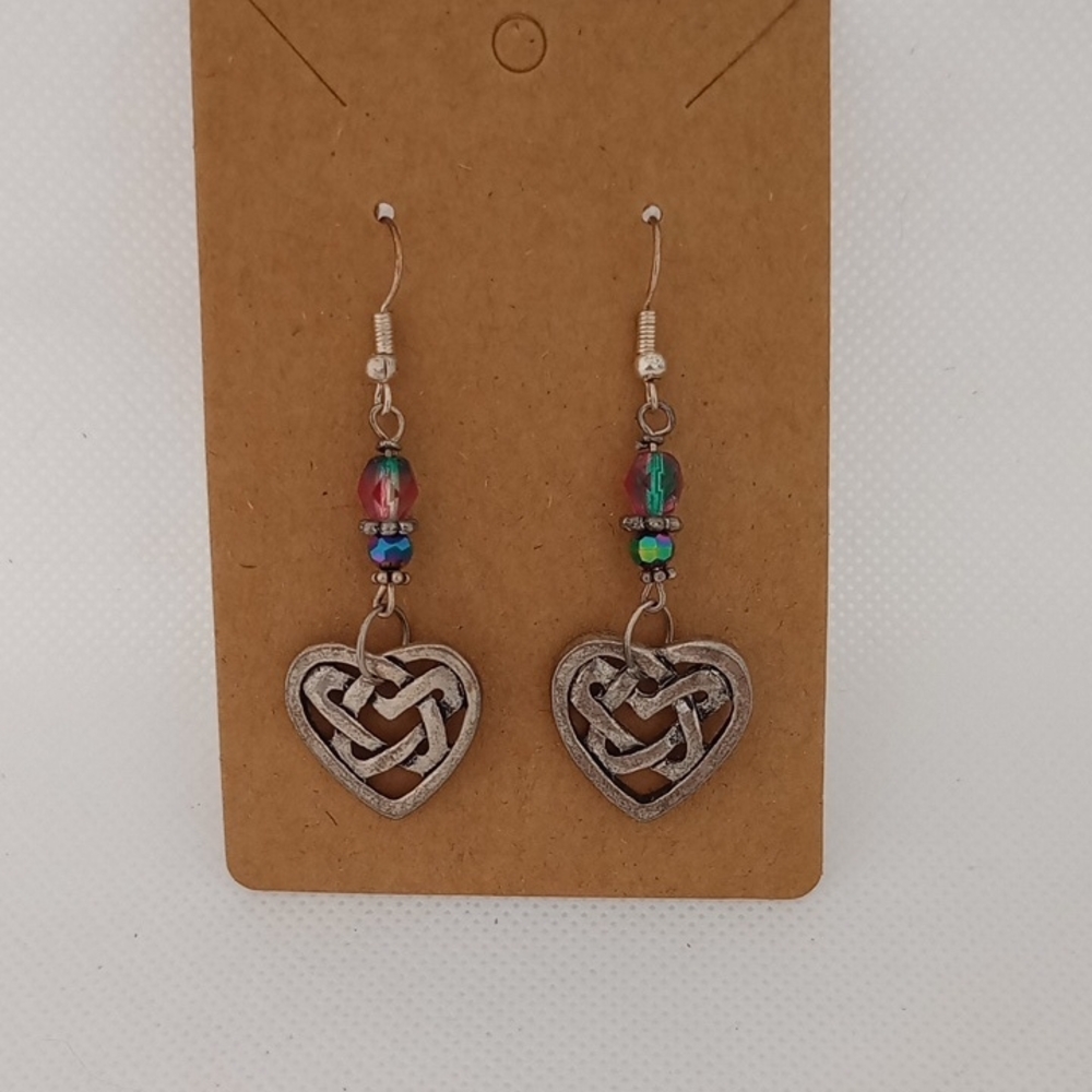 Handmade Heart-Shaped Silver Earrings with Multicolor Beads Celtic Knot Gift